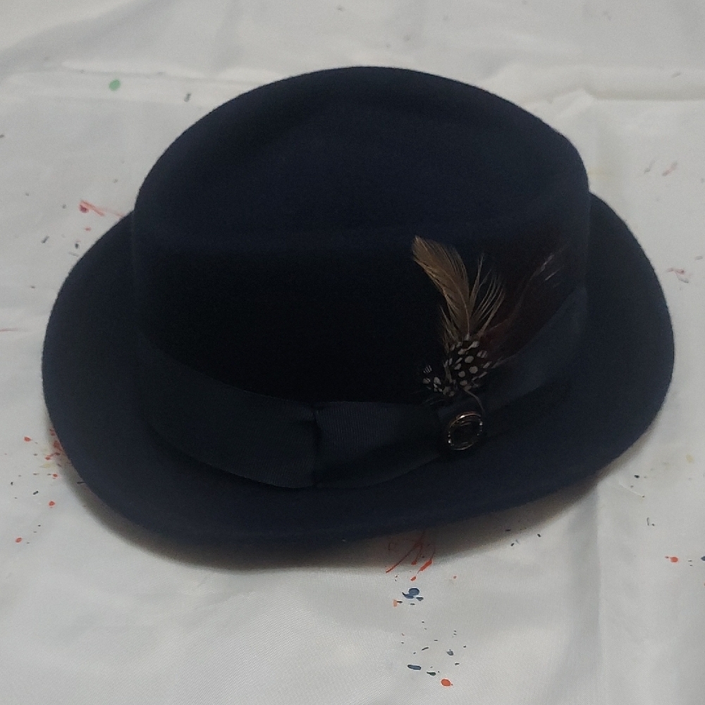 Blue Fedora Hat with Feather Accessory